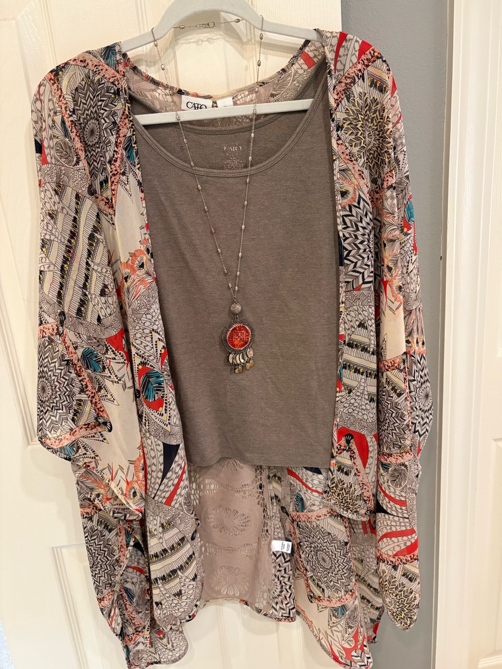 Southwestern Design Cato Open-Front Kimono in Neutral, Coral, Brown, Turquoise